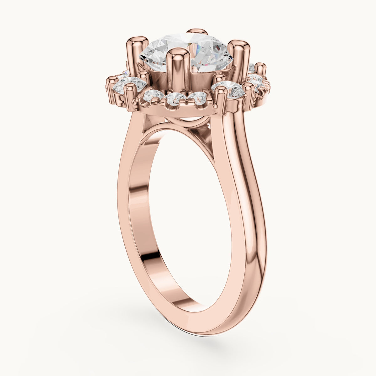 Round lab-grown diamond floral halo engagement ring in rose gold, 3.80 CT TW, view 1