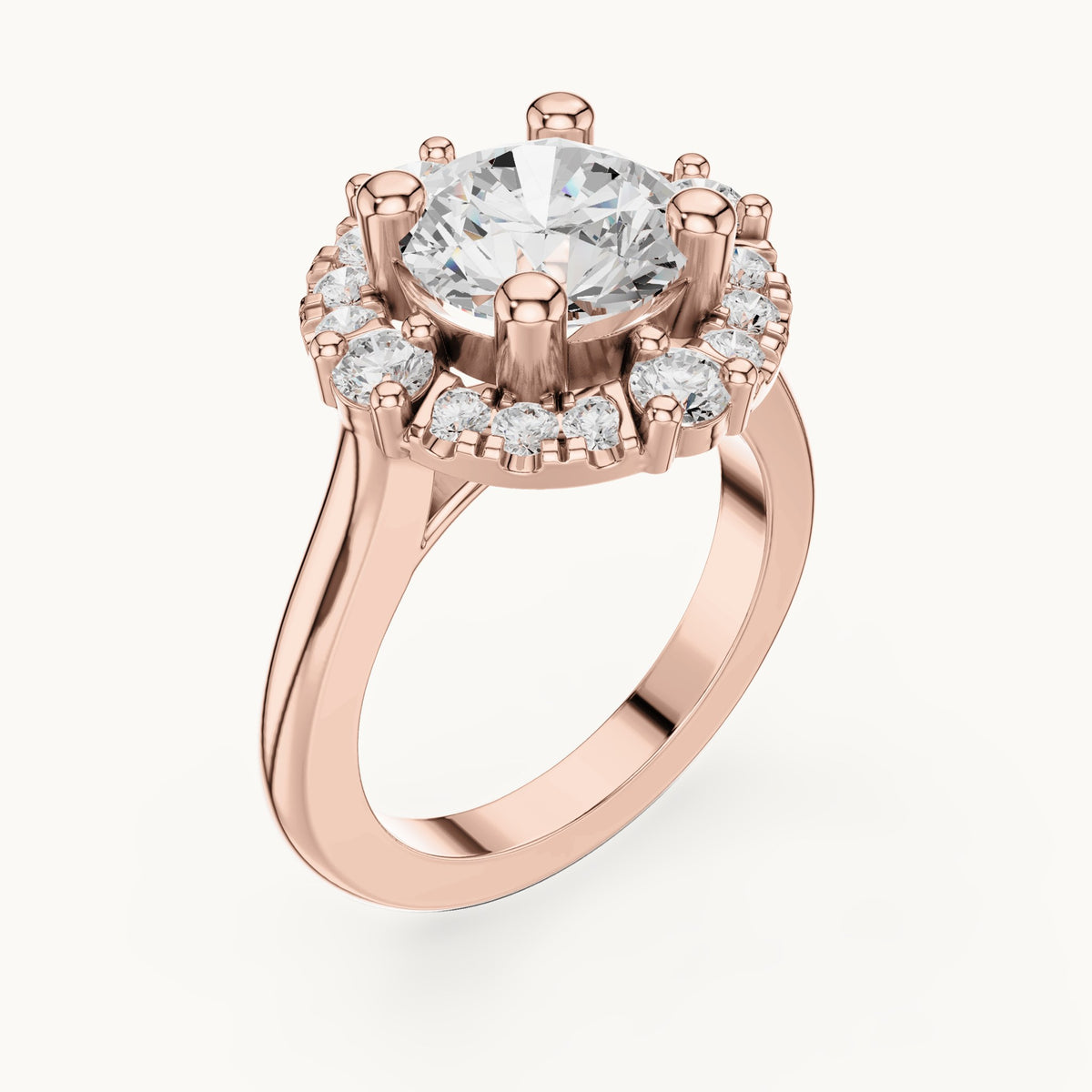 Round lab-grown diamond floral halo engagement ring in rose gold, 3.80 CT TW, view 2