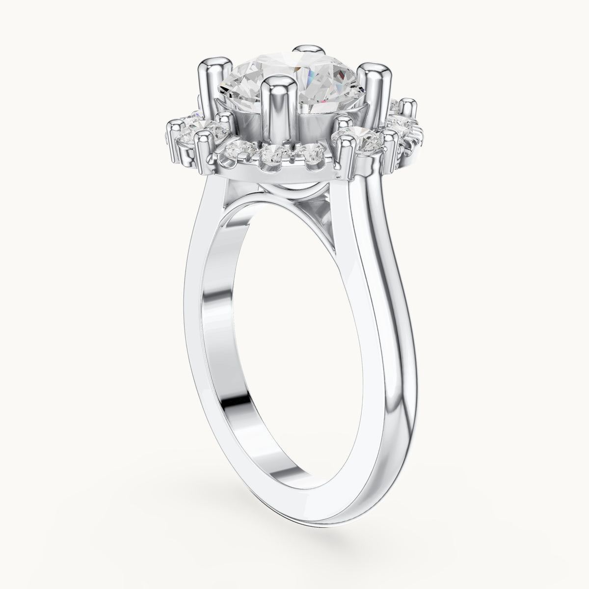 Round lab-grown diamond floral halo engagement ring in white gold, 3.80 CT TW, view 1