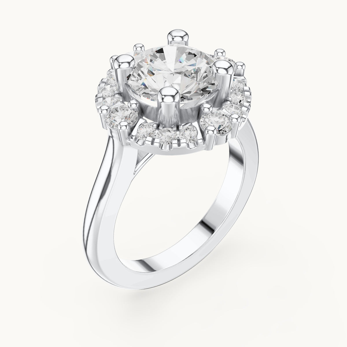 Round lab-grown diamond floral halo engagement ring in white gold, 3.80 CT TW, view 2