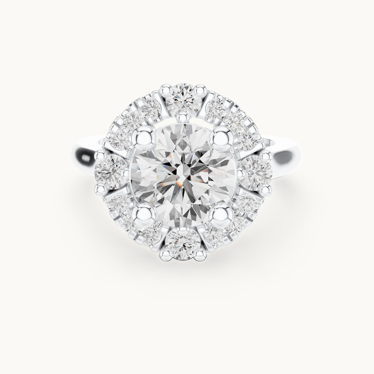 Round lab-grown diamond floral halo engagement ring in white gold, 3.80 CT TW, view 4