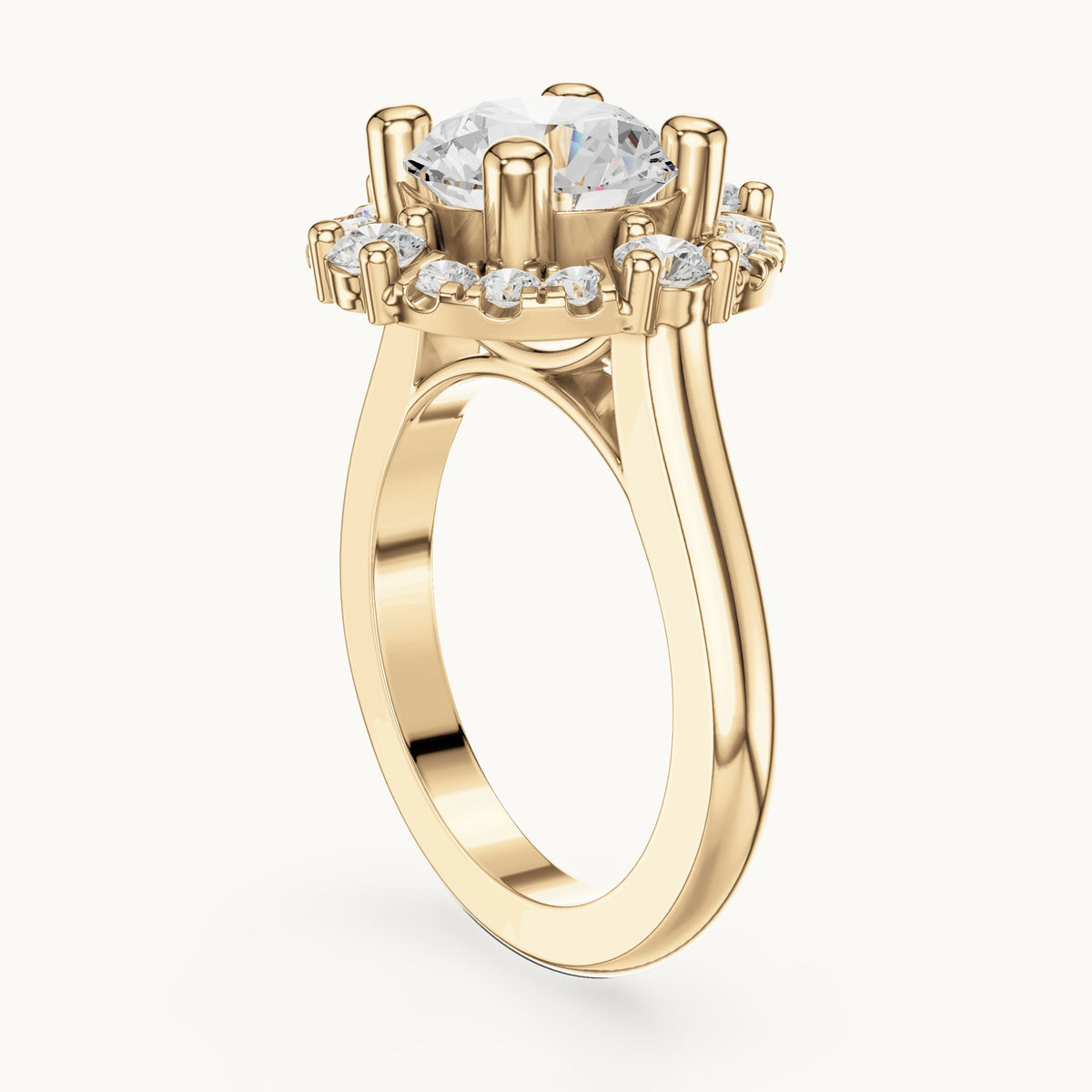 Round lab-grown diamond floral halo engagement ring in yellow gold, 3.80 CT TW, view 1