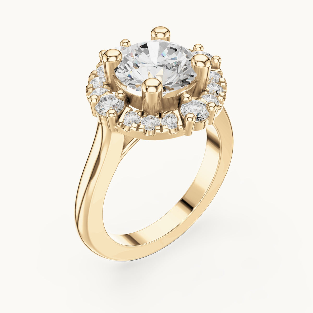 Round lab-grown diamond floral halo engagement ring in yellow gold, 3.80 CT TW, view 2