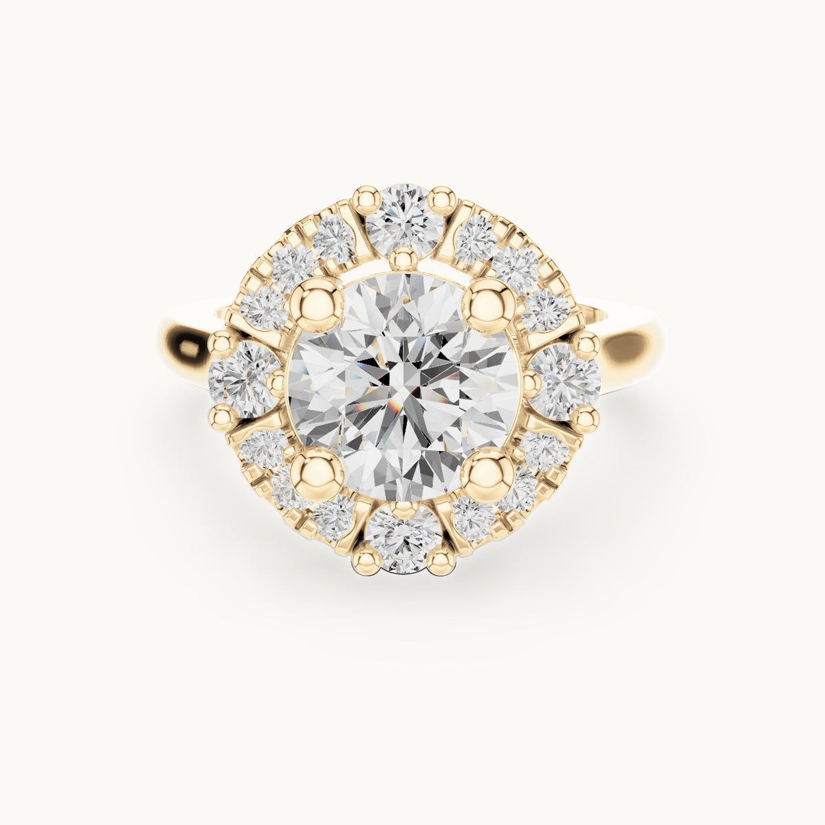 Round lab-grown diamond floral halo engagement ring in yellow gold, 3.80 CT TW, view 4
