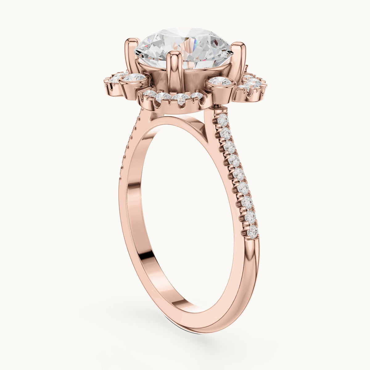 Round lab-grown diamond flower halo engagement ring with pavé band in rose gold, 2.892 CT TW, view 1