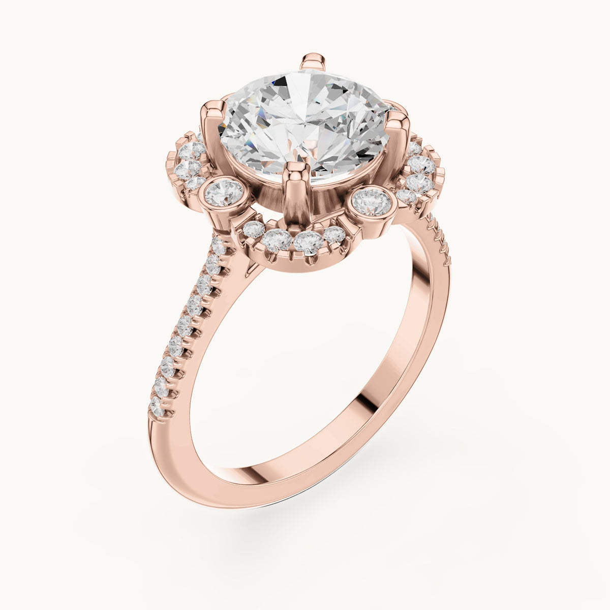 Round lab-grown diamond flower halo engagement ring with pavé band in rose gold, 2.892 CT TW, view 2