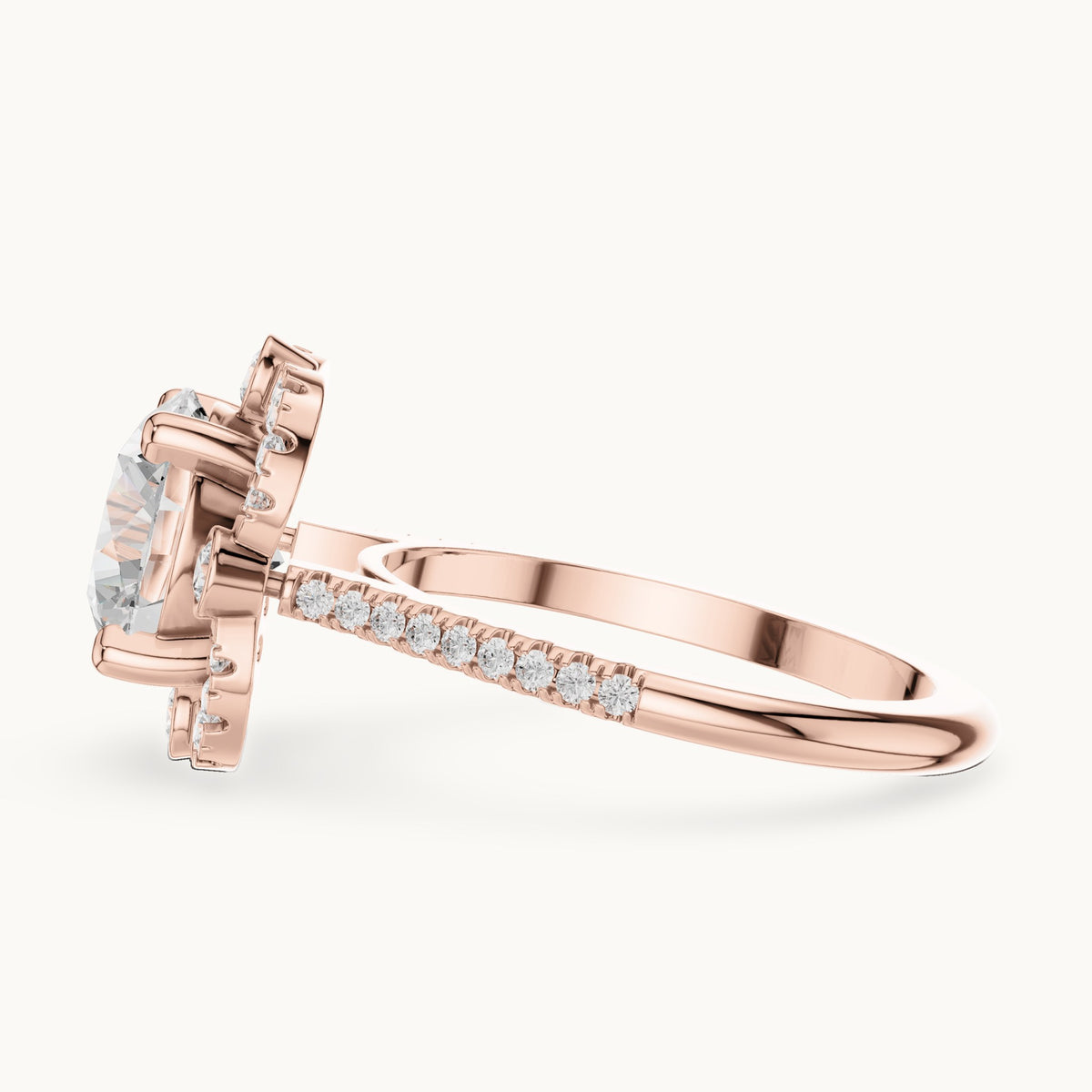 Round lab-grown diamond flower halo engagement ring with pavé band in rose gold, 2.892 CT TW, view 3