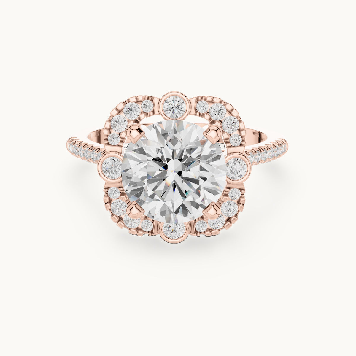 Round lab-grown diamond flower halo engagement ring with pavé band in rose gold, 2.892 CT TW, view 4