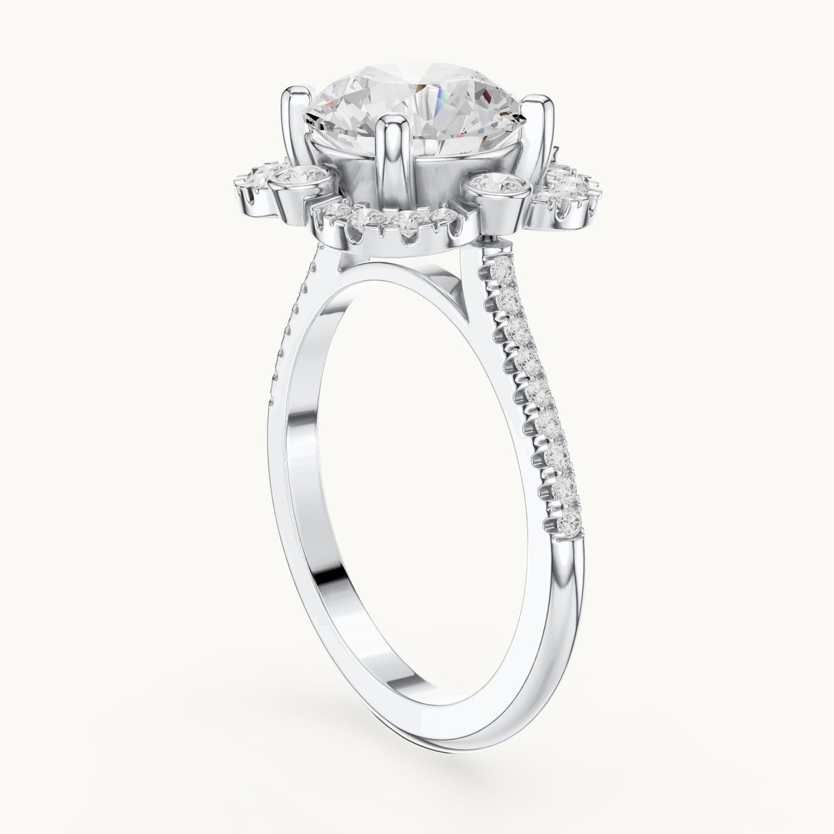 Round lab-grown diamond flower halo engagement ring with pavé band in white gold, 2.892 CT TW, view 1