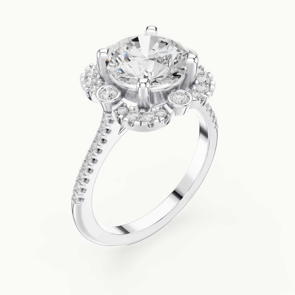 Round lab-grown diamond flower halo engagement ring with pavé band in white gold, 2.892 CT TW, view 2