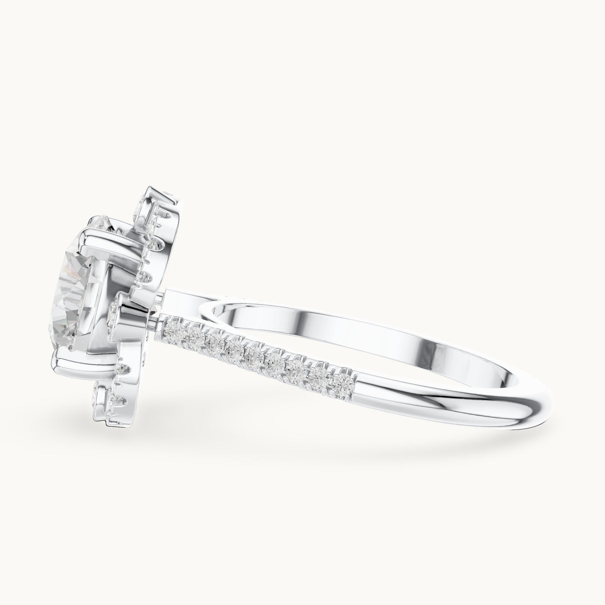 Round lab-grown diamond flower halo engagement ring with pavé band in white gold, 2.892 CT TW, view 3