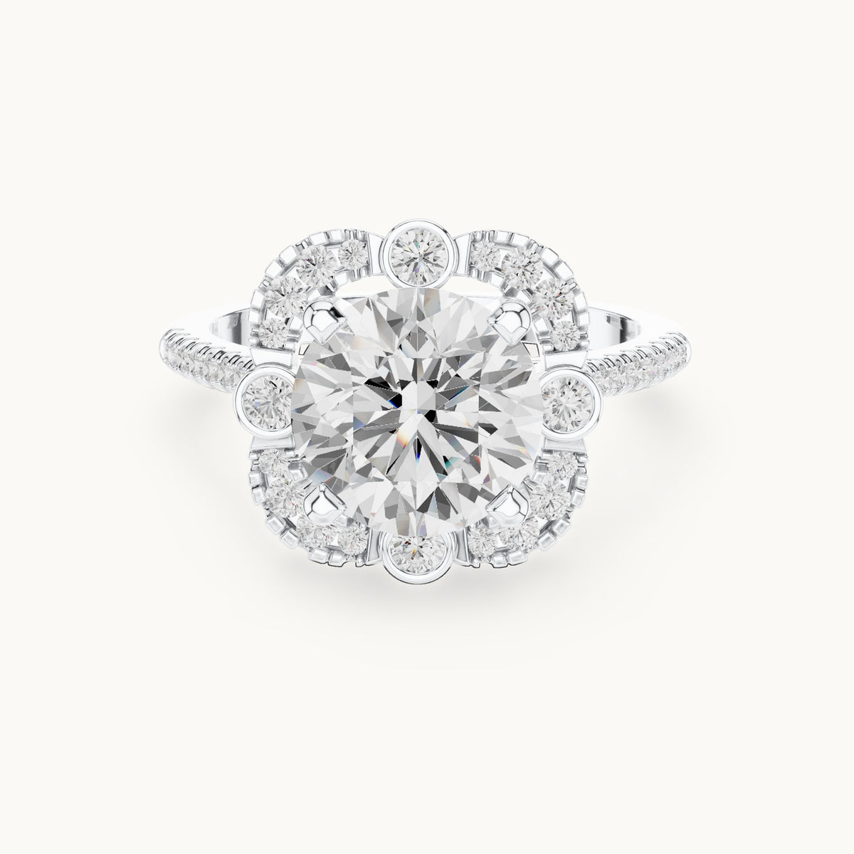 Round lab-grown diamond flower halo engagement ring with pavé band in white gold, 2.892 CT TW, view 4