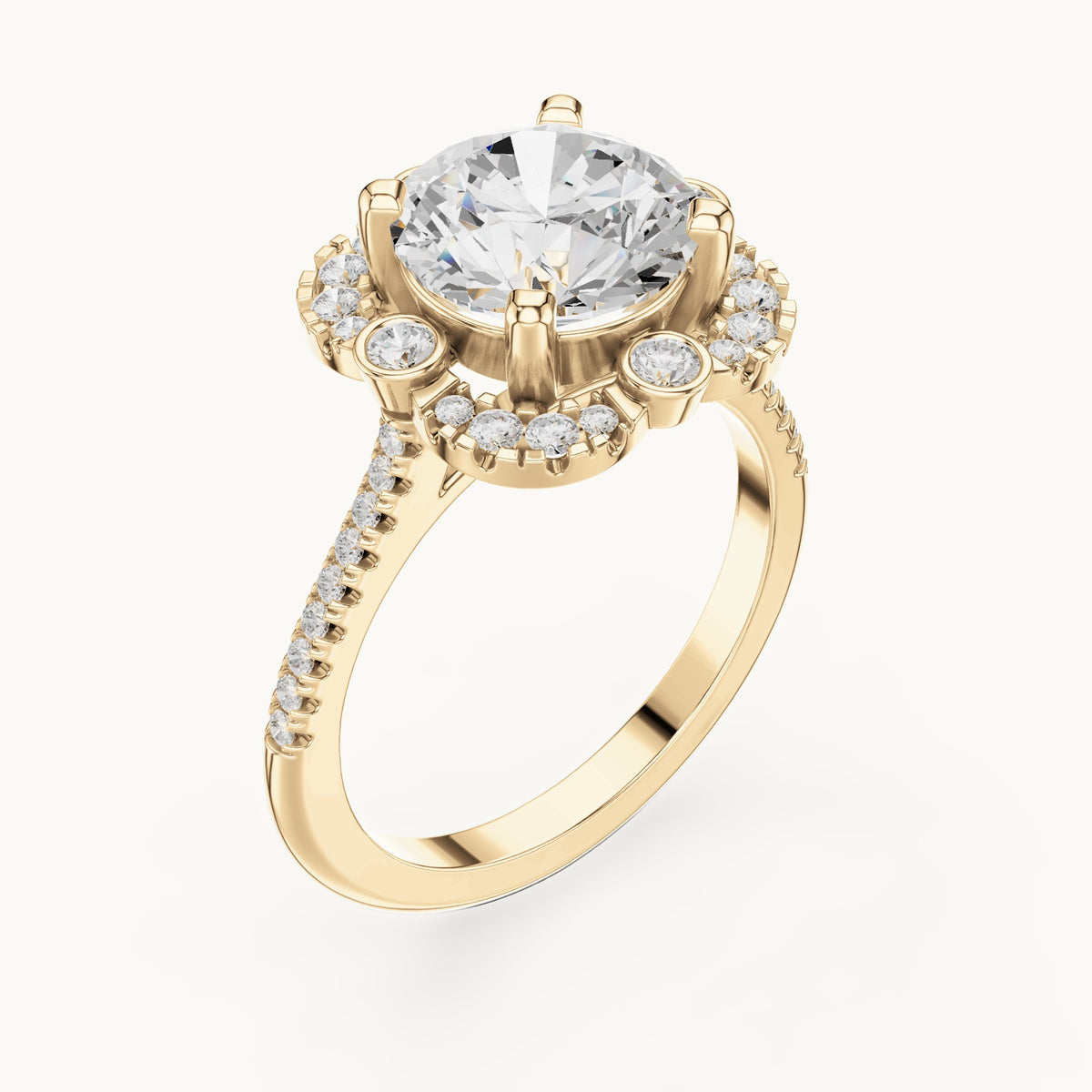 Round lab-grown diamond flower halo engagement ring with pavé band in yellow gold, 2.892 CT TW, view 2