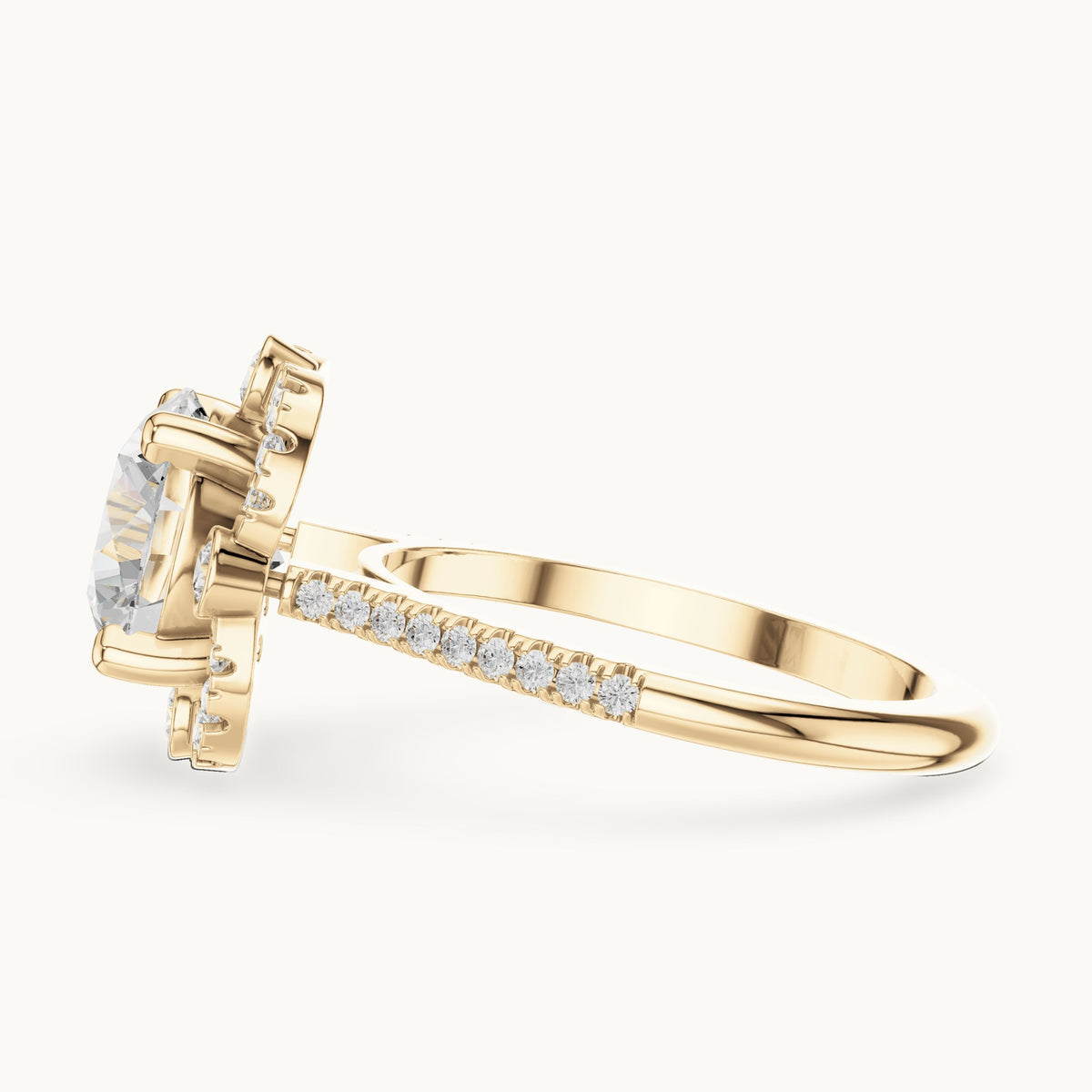 Round lab-grown diamond flower halo engagement ring with pavé band in yellow gold, 2.892 CT TW, view 3