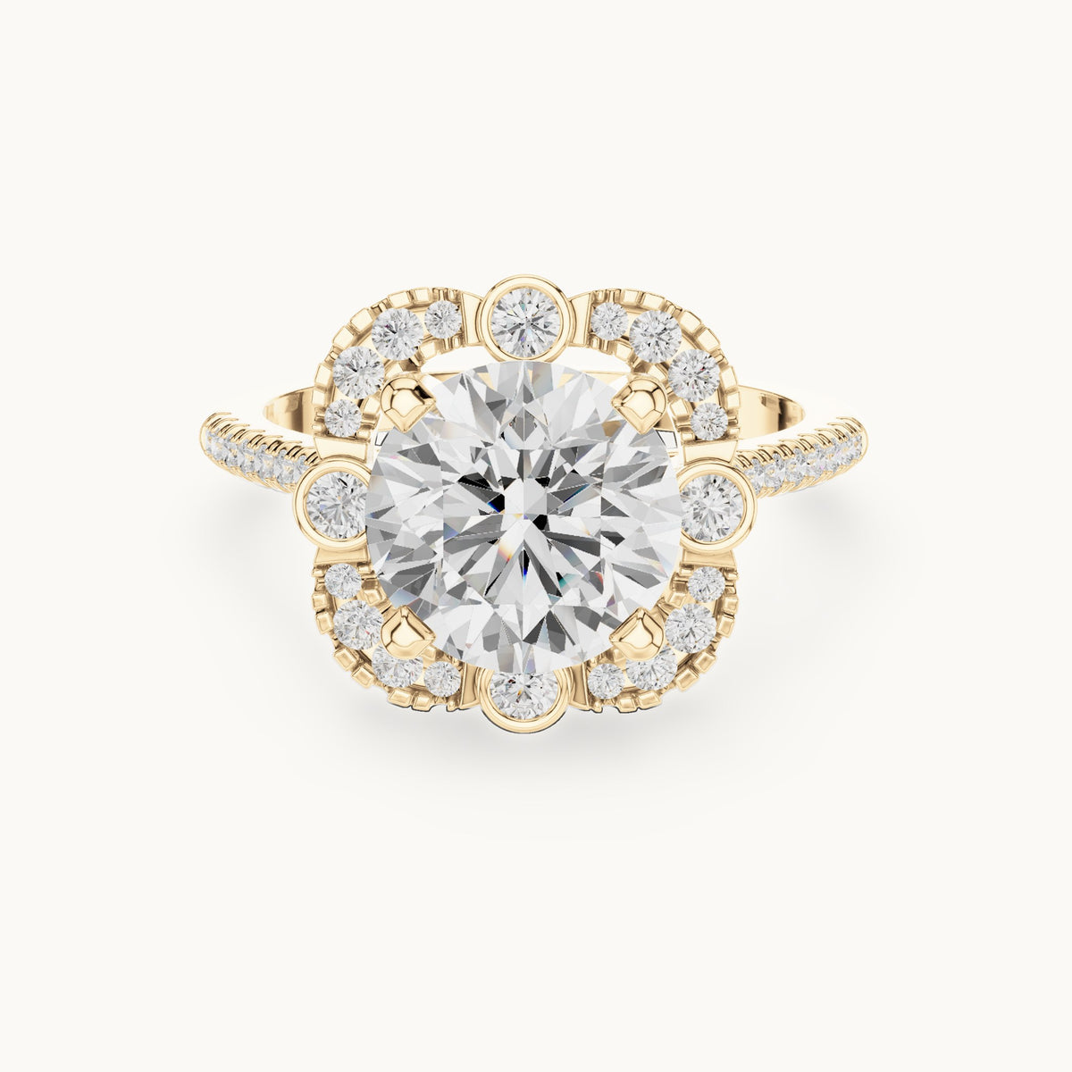 Round lab-grown diamond flower halo engagement ring with pavé band in yellow gold, 2.892 CT TW, view 4