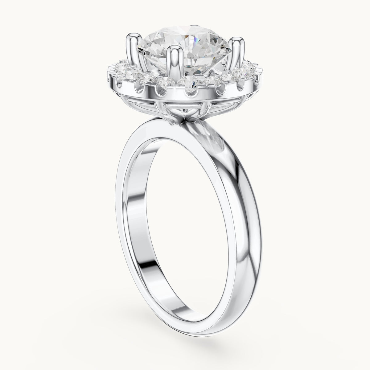 Round lab-grown diamond floral halo engagement ring in white gold, 2.89 CT TW, view 1