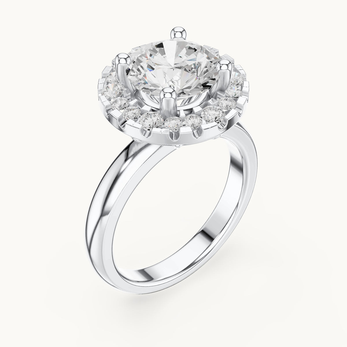 Round lab-grown diamond floral halo engagement ring in white gold, 2.89 CT TW, view 2