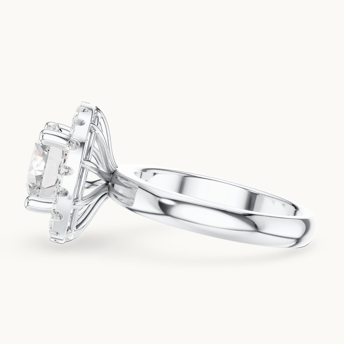 Round lab-grown diamond floral halo engagement ring in white gold, 2.89 CT TW, view 3