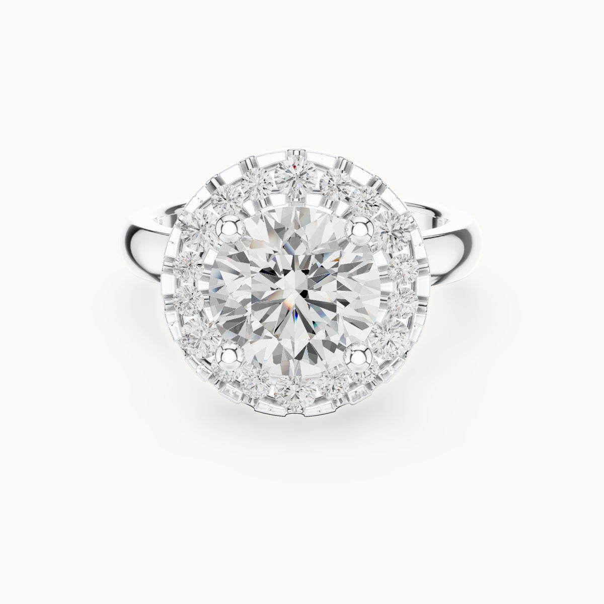 Round lab-grown diamond floral halo engagement ring in white gold, 2.89 CT TW, view 4