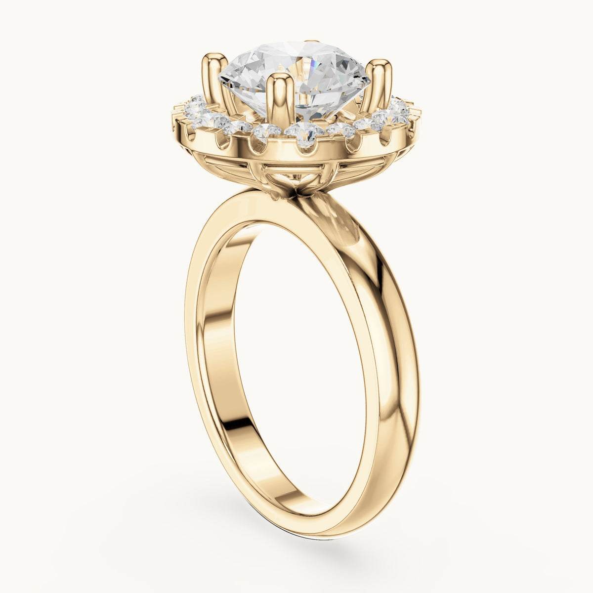 Round lab-grown diamond floral halo engagement ring in yellow gold, 2.89 CT TW, view 1