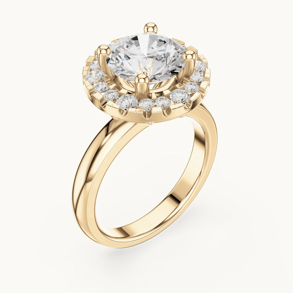 Round lab-grown diamond floral halo engagement ring in yellow gold, 2.89 CT TW, view 2