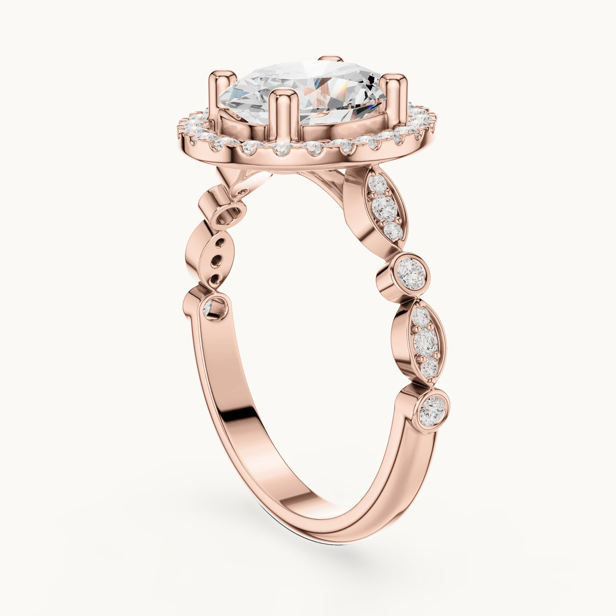 Oval and round lab-grown diamond halo engagement ring with bezel accent band in rose gold, 1.986 CT TW, view 1