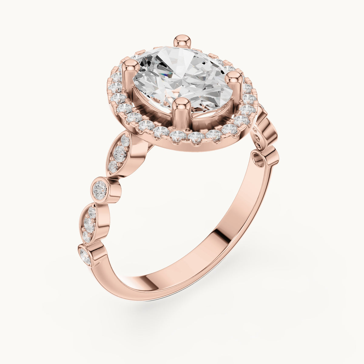 Oval and round lab-grown diamond halo engagement ring with bezel accent band in rose gold, 1.986 CT TW, view 2