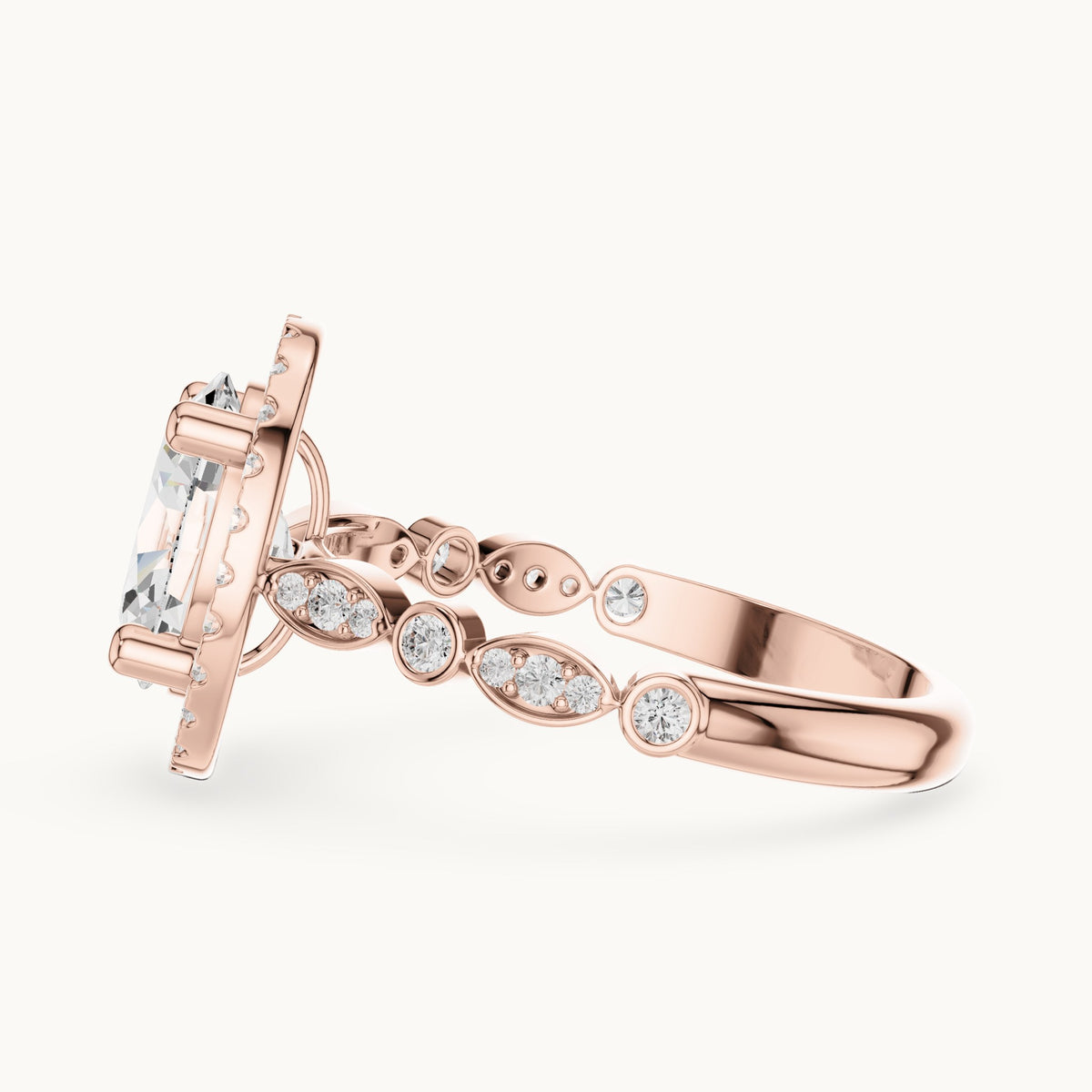 Oval and round lab-grown diamond halo engagement ring with bezel accent band in rose gold, 1.986 CT TW, view 3