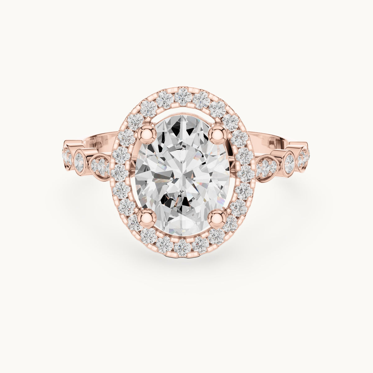 Oval and round lab-grown diamond halo engagement ring with bezel accent band in rose gold, 1.986 CT TW, view 4