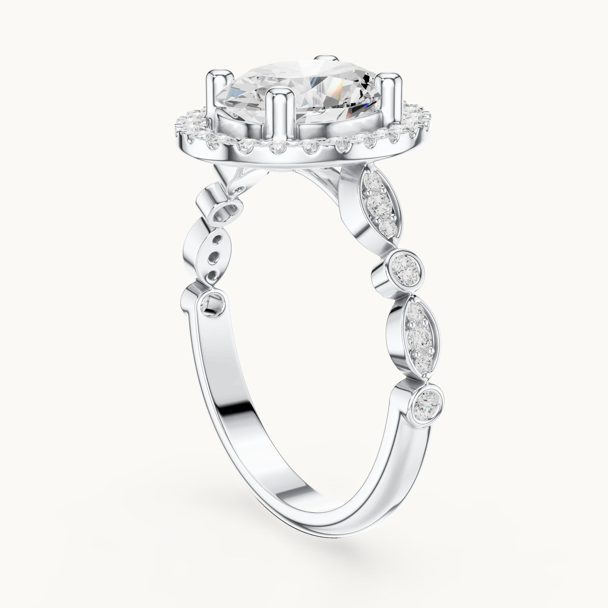 Oval and round lab-grown diamond halo engagement ring with bezel accent band in white gold, 1.986 CT TW, view 1