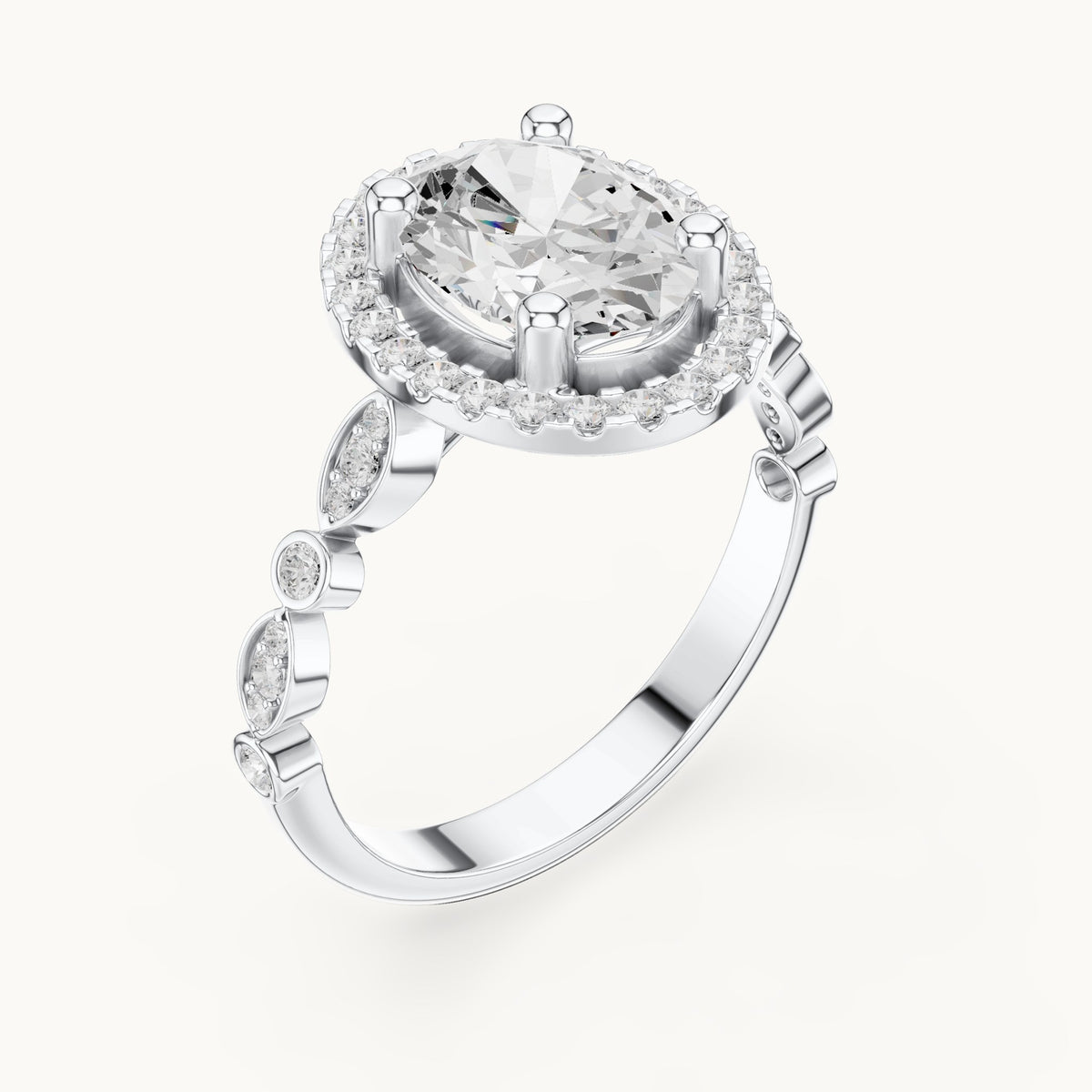 Oval and round lab-grown diamond halo engagement ring with bezel accent band in white gold, 1.986 CT TW, view 2
