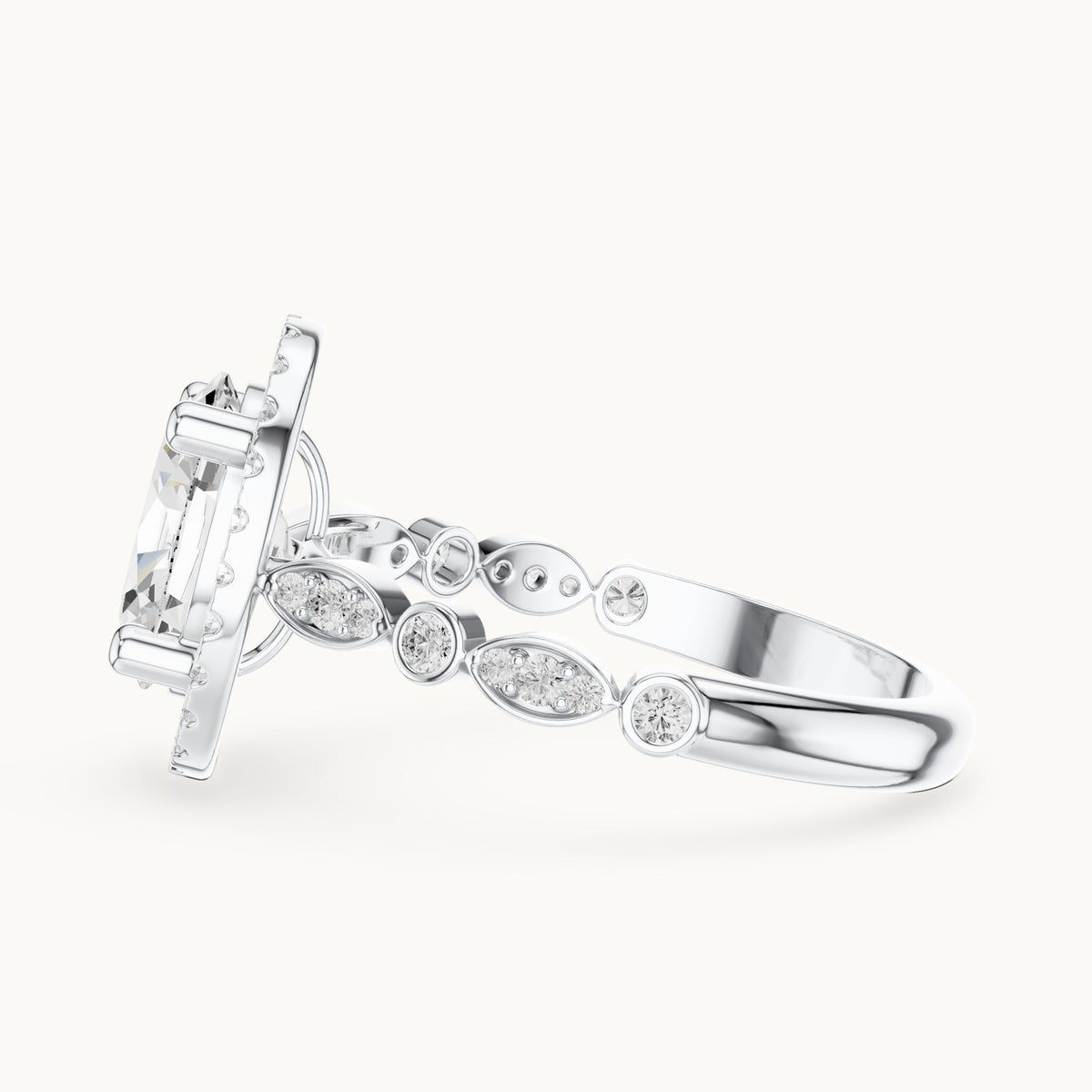 Oval and round lab-grown diamond halo engagement ring with bezel accent band in white gold, 1.986 CT TW, view 3