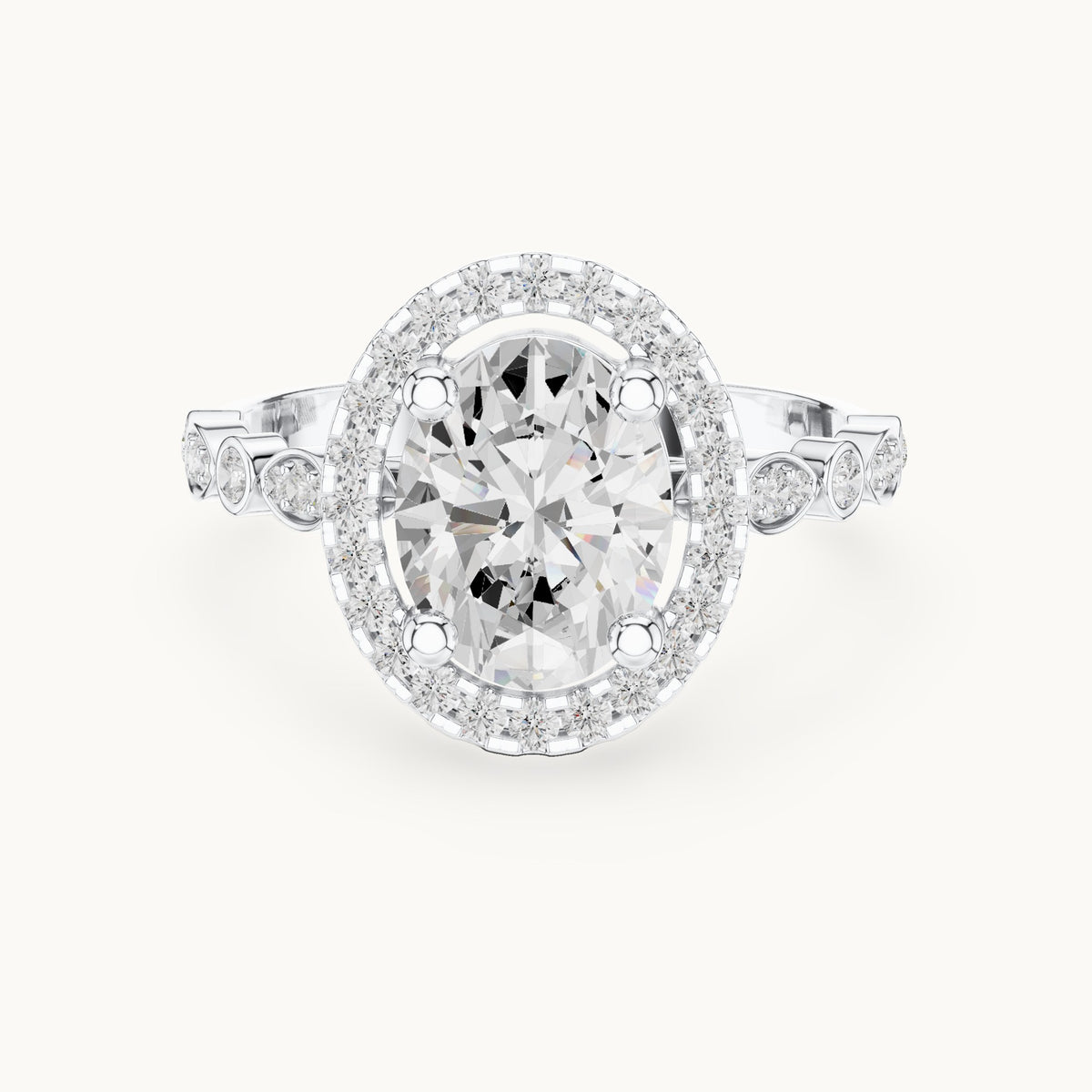 Oval and round lab-grown diamond halo engagement ring with bezel accent band in white gold, 1.986 CT TW, view 4