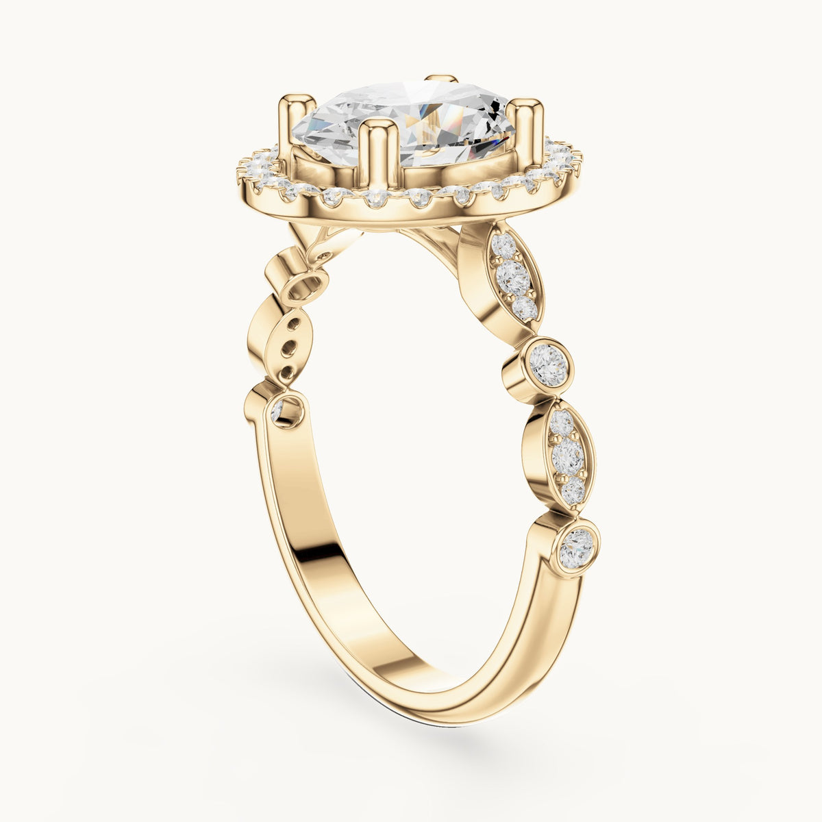 Oval and round lab-grown diamond halo engagement ring with bezel accent band in yellow gold, 1.986 CT TW, view 1
