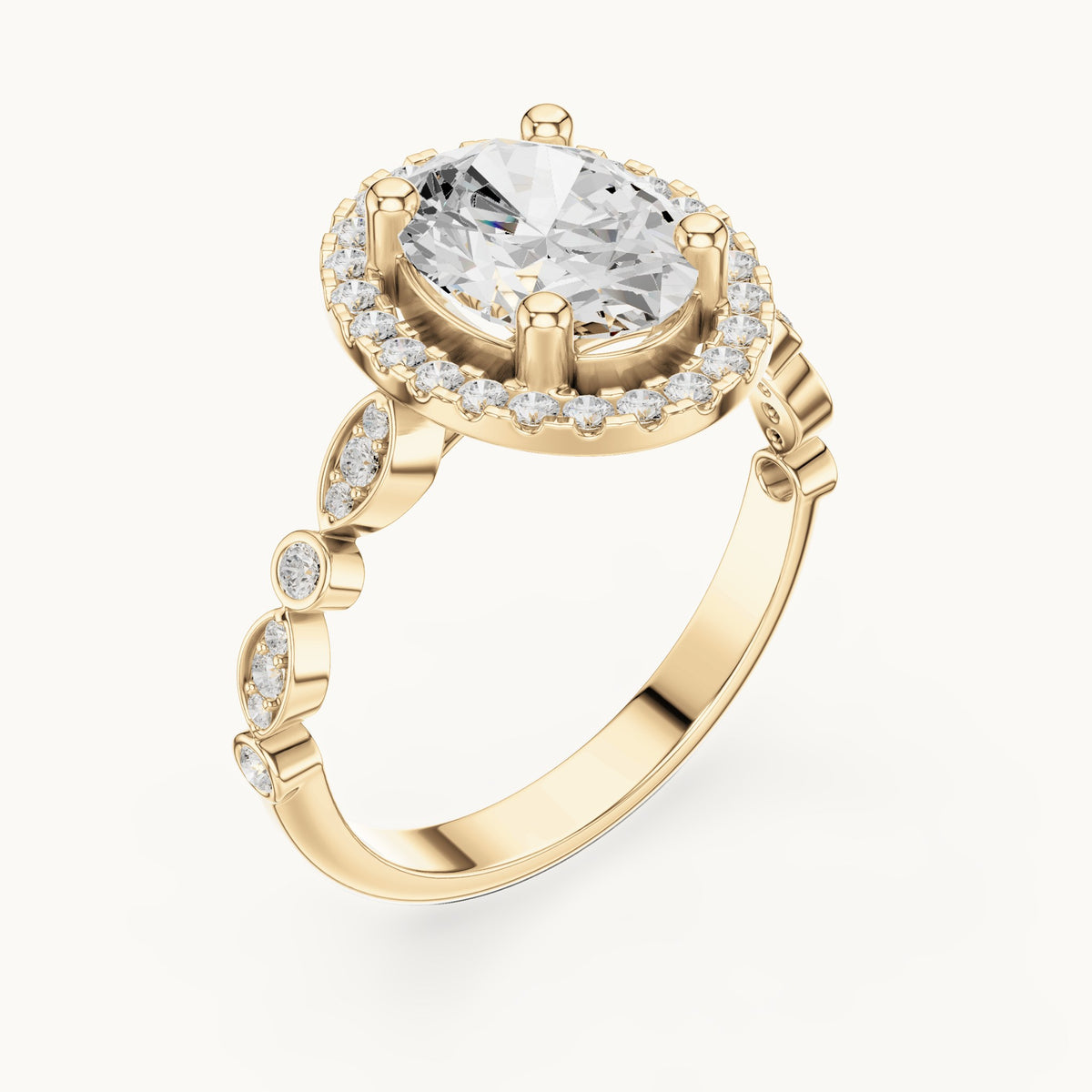 Oval and round lab-grown diamond halo engagement ring with bezel accent band in yellow gold, 1.986 CT TW, view 2