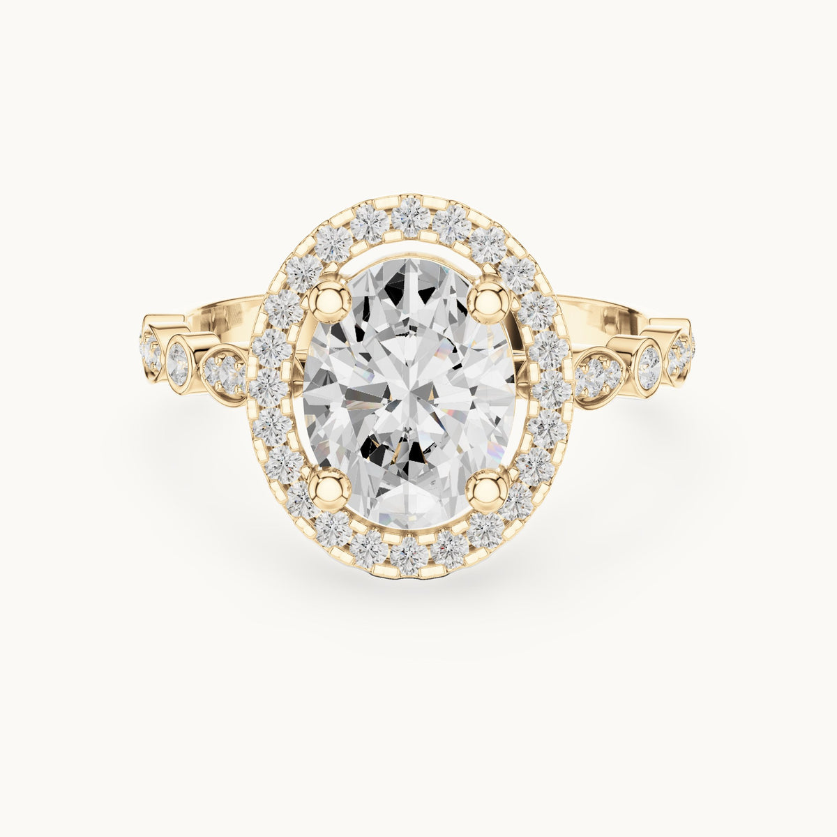 Oval and round lab-grown diamond halo engagement ring with bezel accent band in yellow gold, 1.986 CT TW, view 4