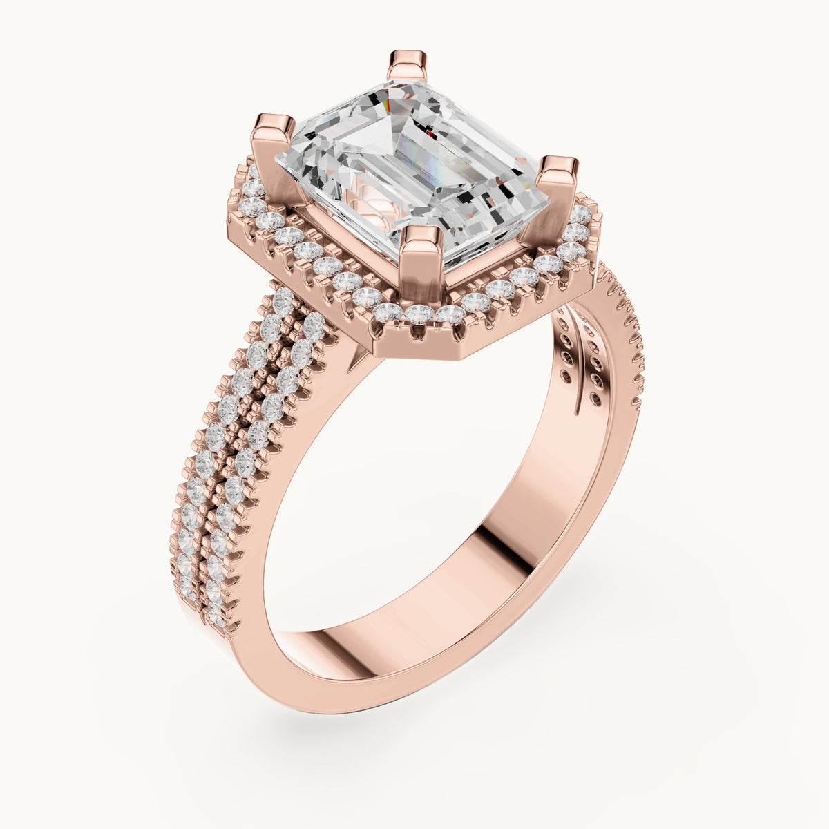 Emerald-cut and round lab-grown diamond halo engagement ring with multi-row band in rose gold, 2.96 CT TW, view 2