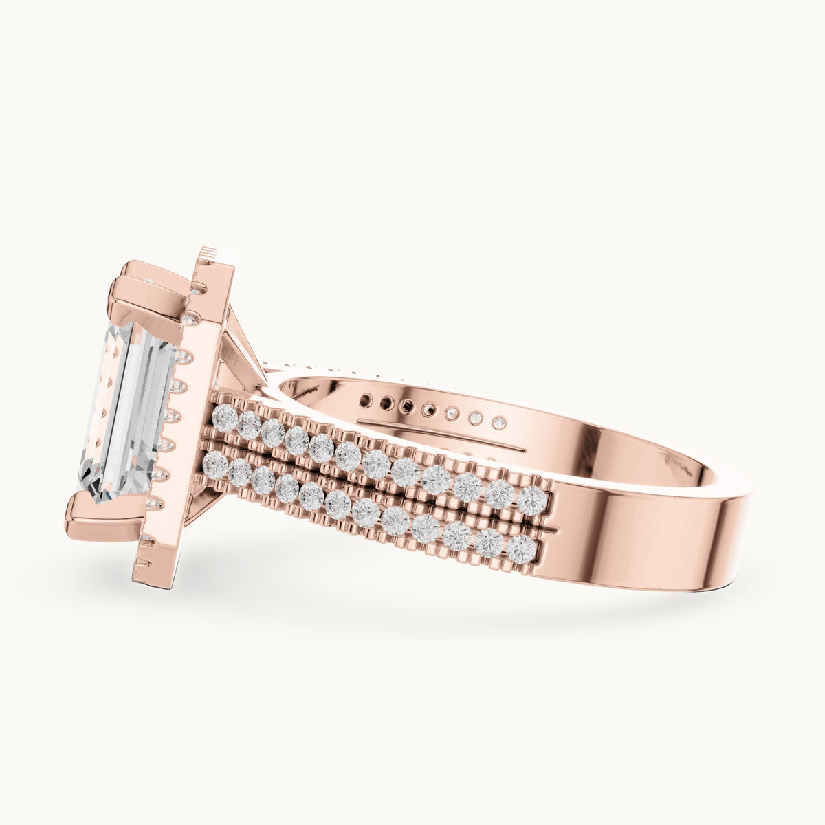 Emerald-cut and round lab-grown diamond halo engagement ring with multi-row band in rose gold, 2.96 CT TW, view 3