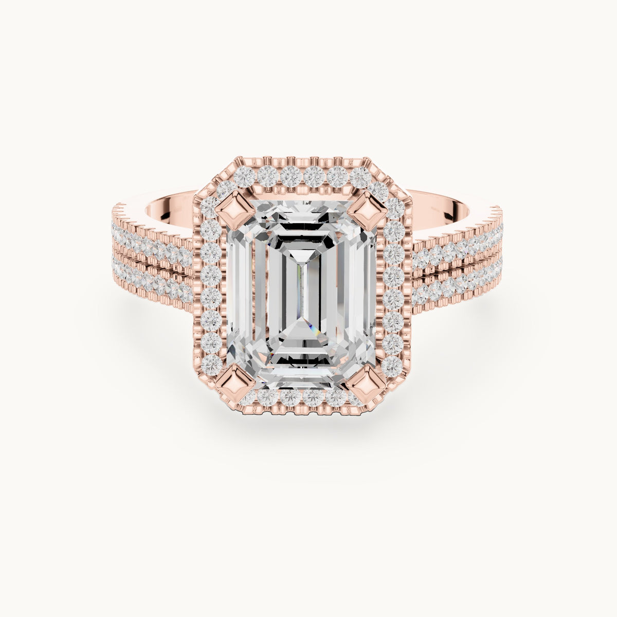 Emerald-cut and round lab-grown diamond halo engagement ring with multi-row band in rose gold, 2.96 CT TW, view 4