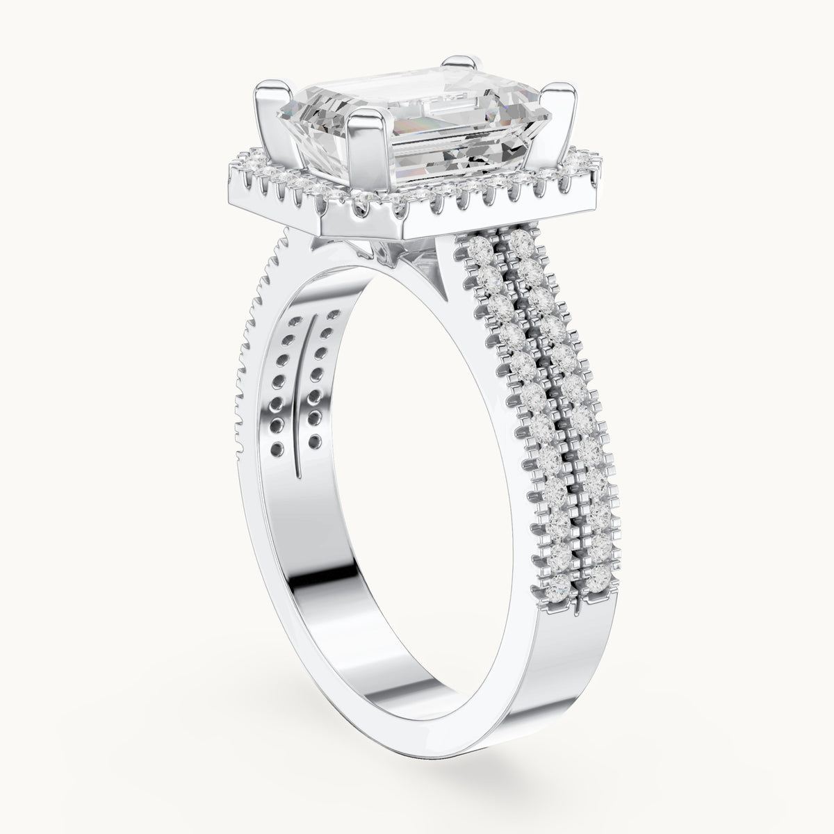 Emerald-cut and round lab-grown diamond halo engagement ring with multi-row band in white gold, 2.96 CT TW, view 1