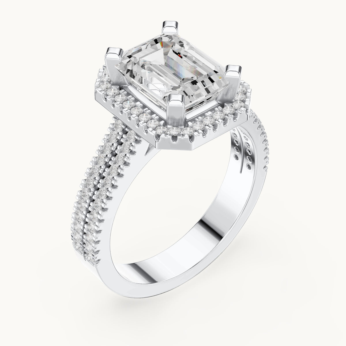 Emerald-cut and round lab-grown diamond halo engagement ring with multi-row band in white gold, 2.96 CT TW, view 2