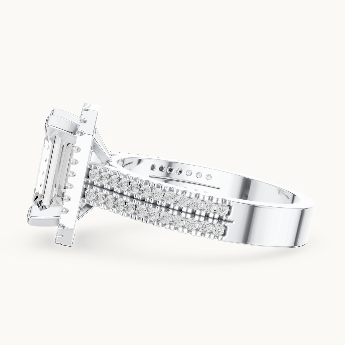 Emerald-cut and round lab-grown diamond halo engagement ring with multi-row band in white gold, 2.96 CT TW, view 3