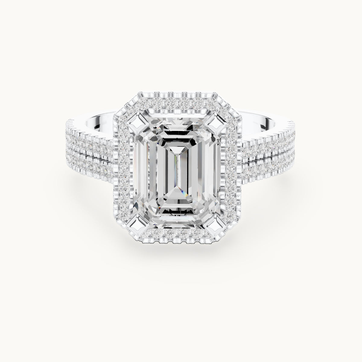 Emerald-cut and round lab-grown diamond halo engagement ring with multi-row band in white gold, 2.96 CT TW, view 4
