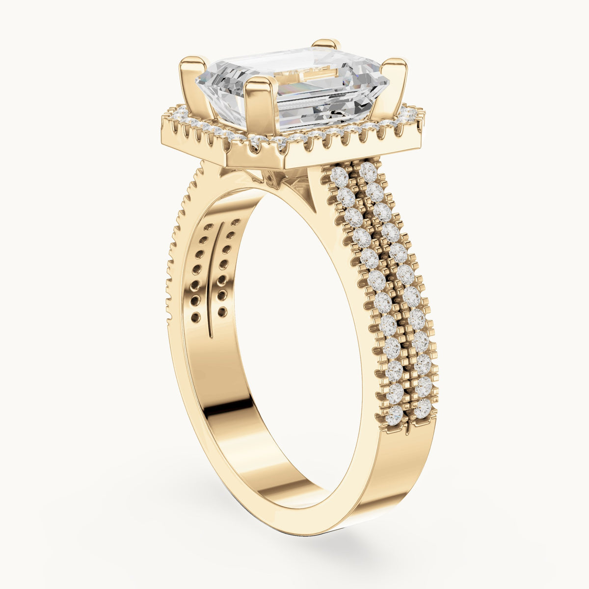 Emerald-cut and round lab-grown diamond halo engagement ring with multi-row band in yellow gold, 2.96 CT TW, view 1