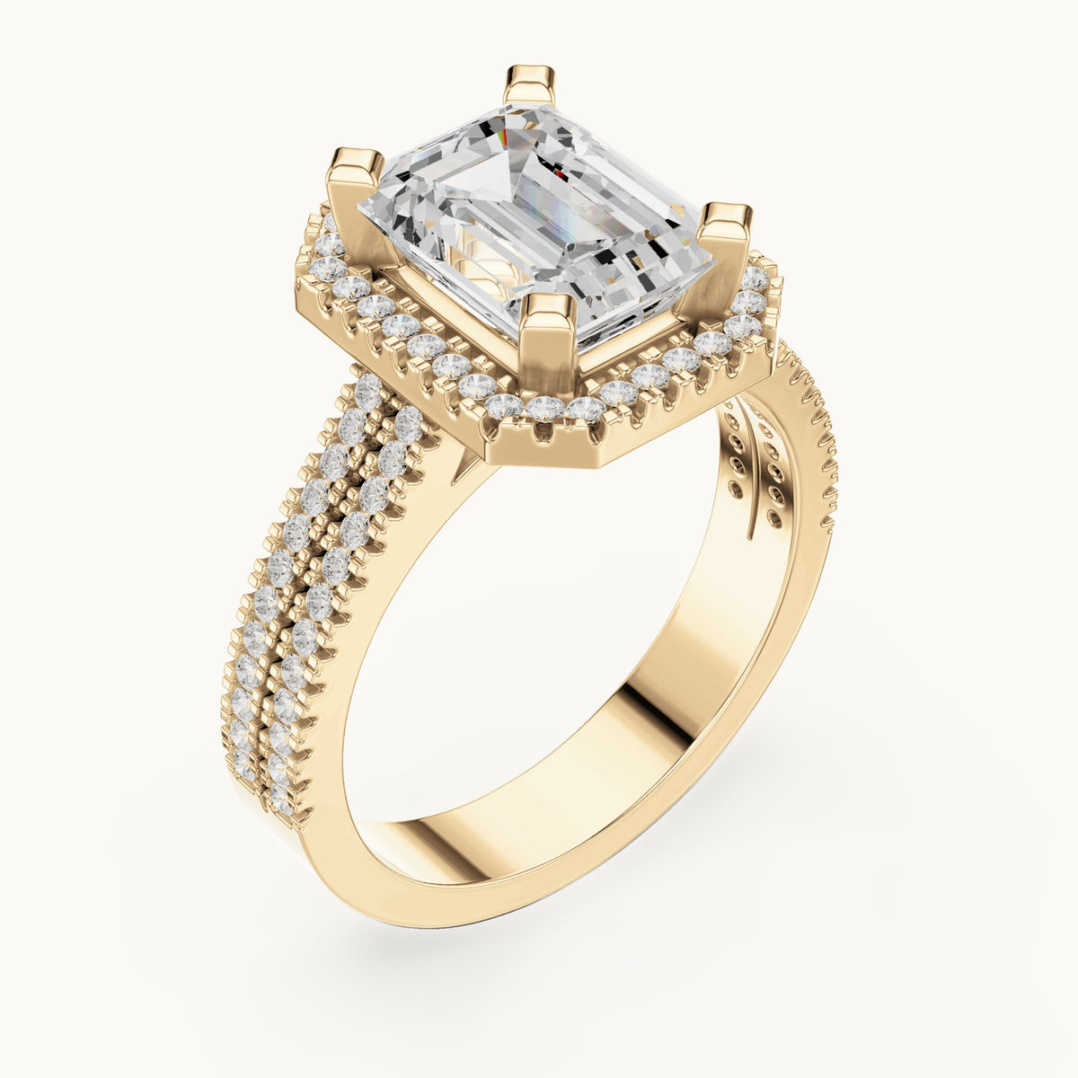 Emerald-cut and round lab-grown diamond halo engagement ring with multi-row band in yellow gold, 2.96 CT TW, view 2