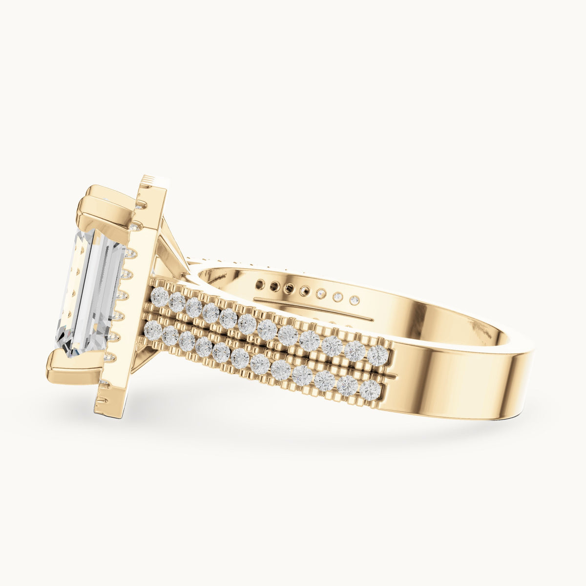 Emerald-cut and round lab-grown diamond halo engagement ring with multi-row band in yellow gold, 2.96 CT TW, view 3