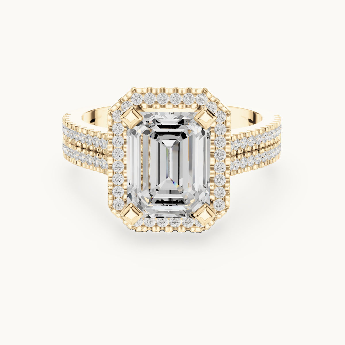 Emerald-cut and round lab-grown diamond halo engagement ring with multi-row band in yellow gold, 2.96 CT TW, view 4