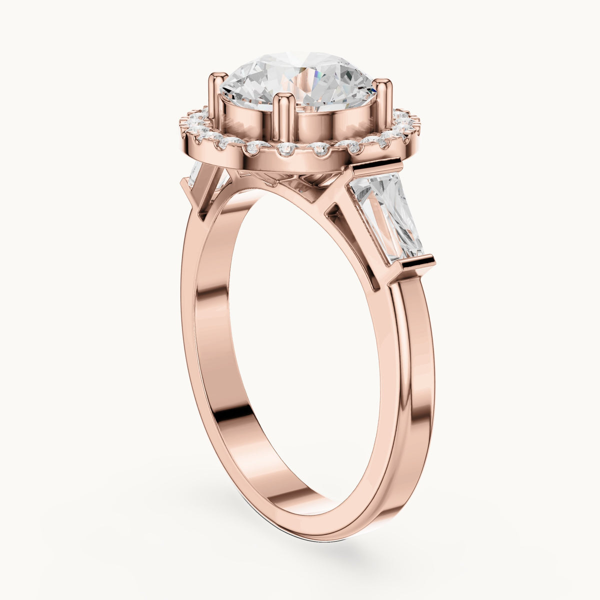 Round and baguette lab-grown diamond halo engagement ring with baguette side stones in rose gold, 2.84 CT TW, view 1