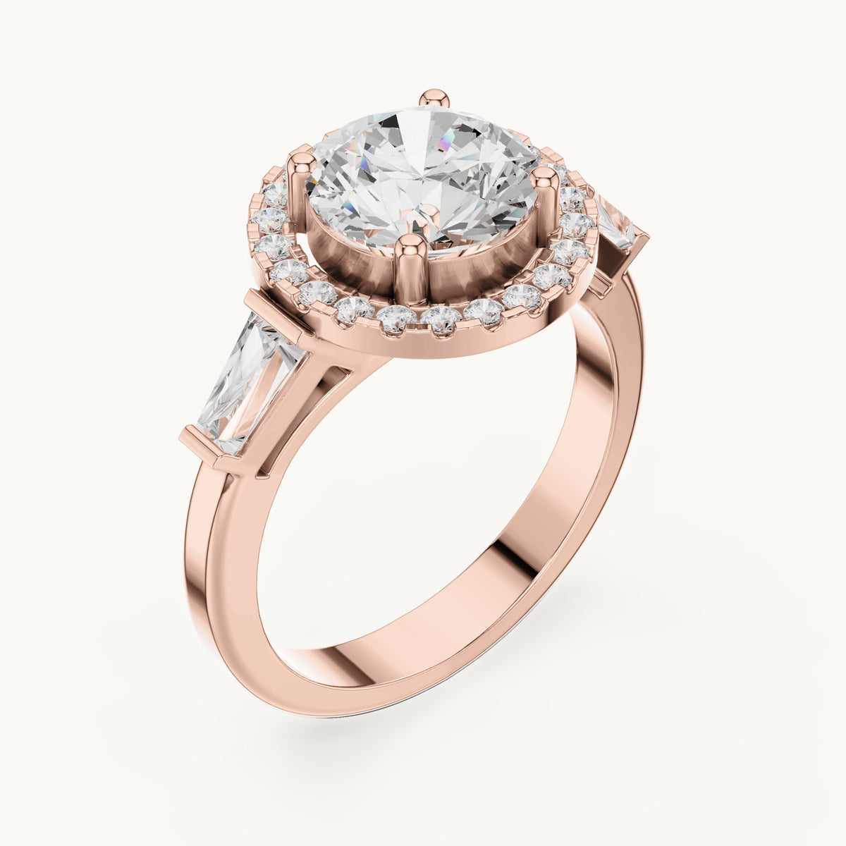 Round and baguette lab-grown diamond halo engagement ring with baguette side stones in rose gold, 2.84 CT TW, view 2