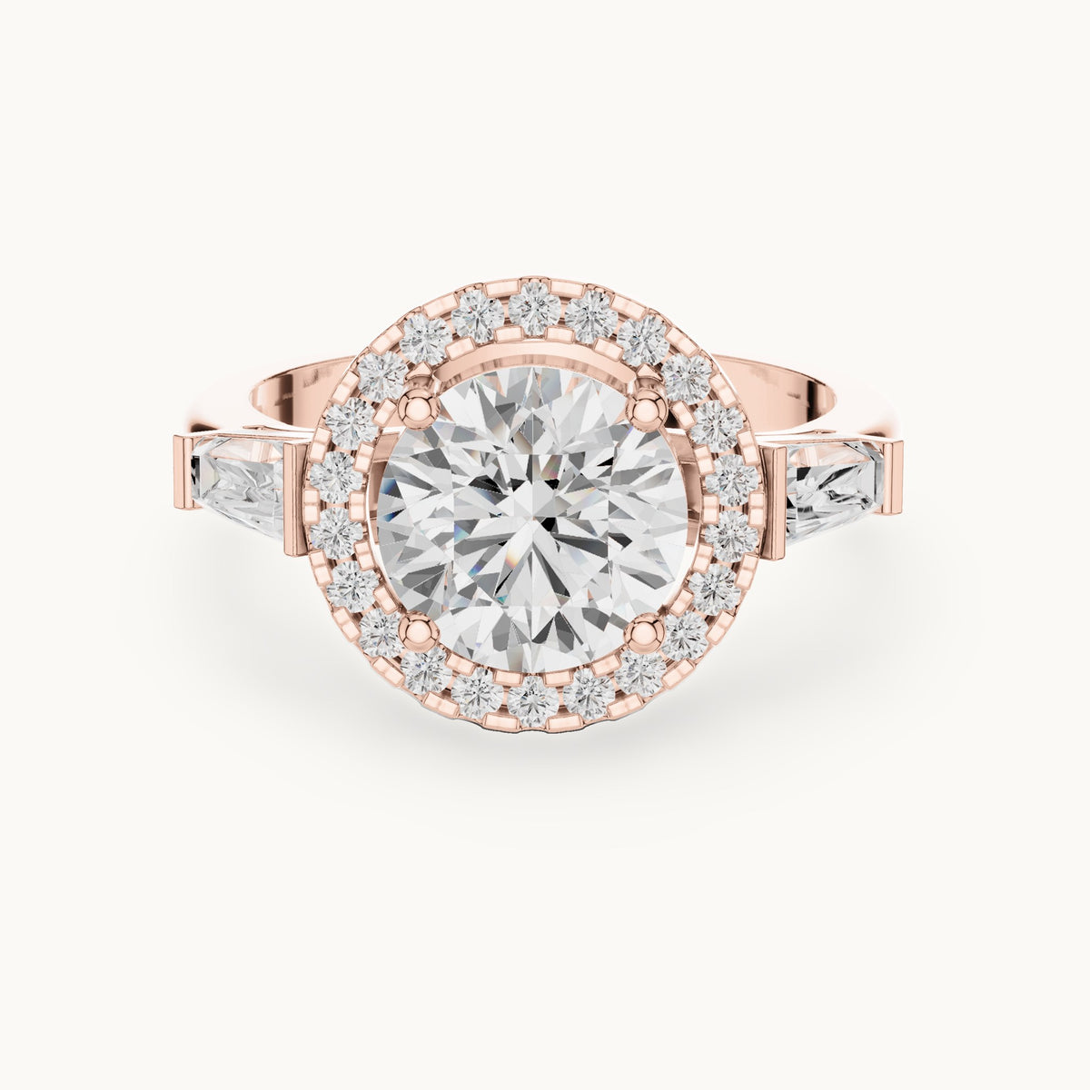 Round and baguette lab-grown diamond halo engagement ring with baguette side stones in rose gold, 2.84 CT TW, view 4